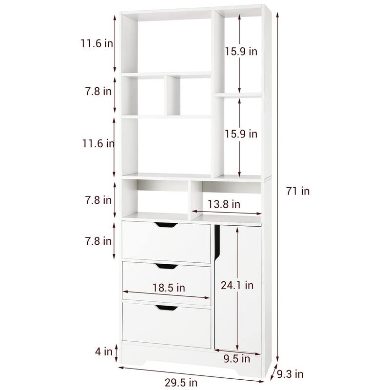 Stylish White Bookshelf, 71" Tall Bookshelf with Doors and 3 Drawers